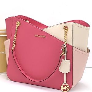 MICHAEL KORS
Jet Set Large X Chain Color-Block Saffiano Leather Shoulder Tote